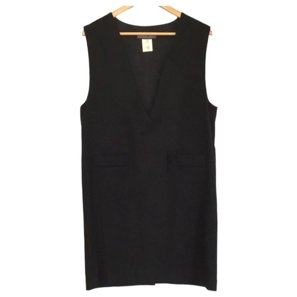 Vintage Herman Geist Wool Sleeveless Shift Dress Black Deep V-Neck Pockets 10